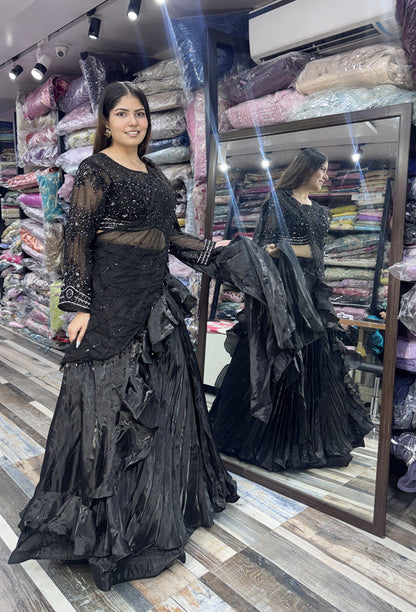 Organza Silk Designer Full Sleeve Embellished Crop Top Skirt with Black Drape Pallu