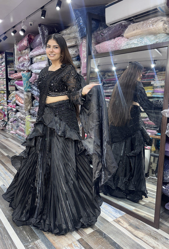 Organza Silk Designer Full Sleeve Embellished Crop Top Skirt with Black Drape Pallu