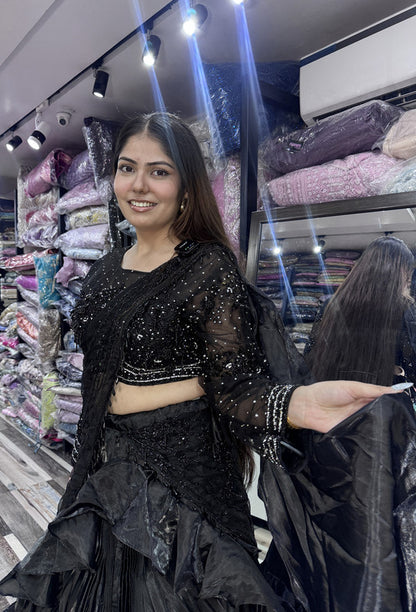 Organza Silk Designer Full Sleeve Embellished Crop Top Skirt with Black Drape Pallu