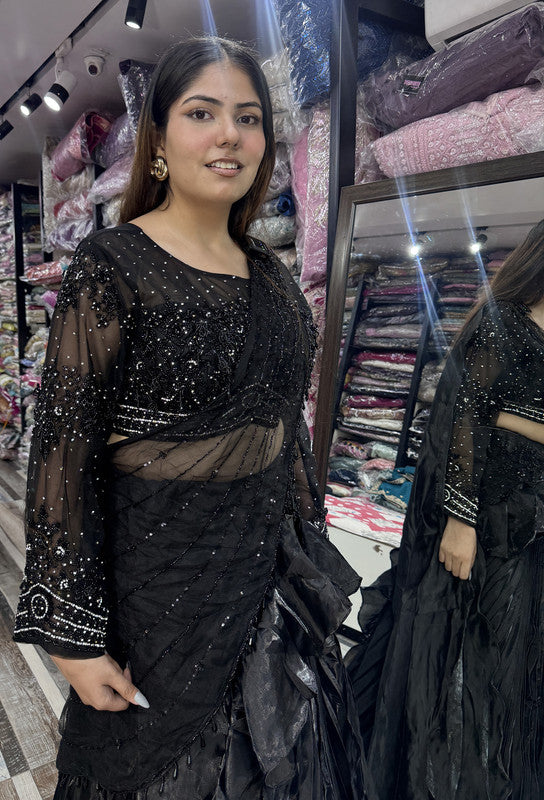 Organza Silk Designer Full Sleeve Embellished Crop Top Skirt with Black Drape Pallu