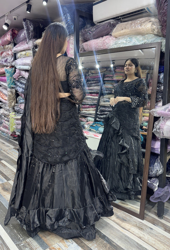 Organza Silk Designer Full Sleeve Embellished Crop Top Skirt with Black Drape Pallu