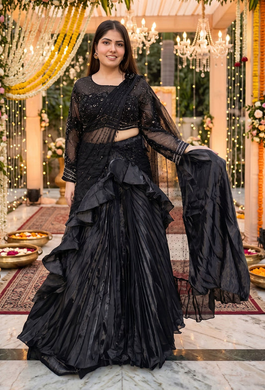 Organza Silk Designer Full Sleeve Embellished Crop Top Skirt with Black Drape Pallu
