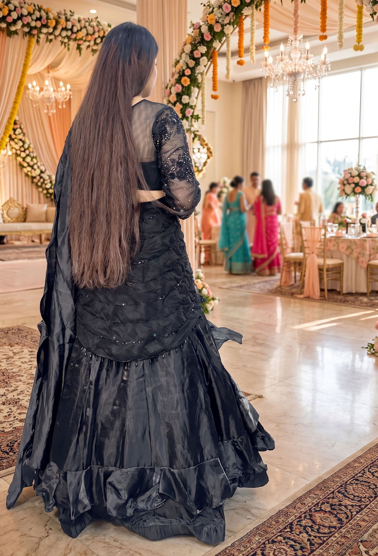 Organza Silk Designer Full Sleeve Embellished Crop Top Skirt with Black Drape Pallu