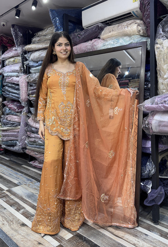 Elegant Hand Work Organza Silk Sharara Suit with Heavy Embroidered Dupatta In Rust