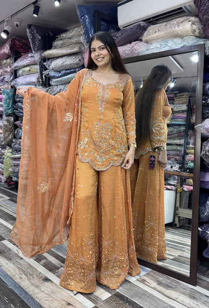 Elegant Hand Work Organza Silk Sharara Suit with Heavy Embroidered Dupatta In Rust