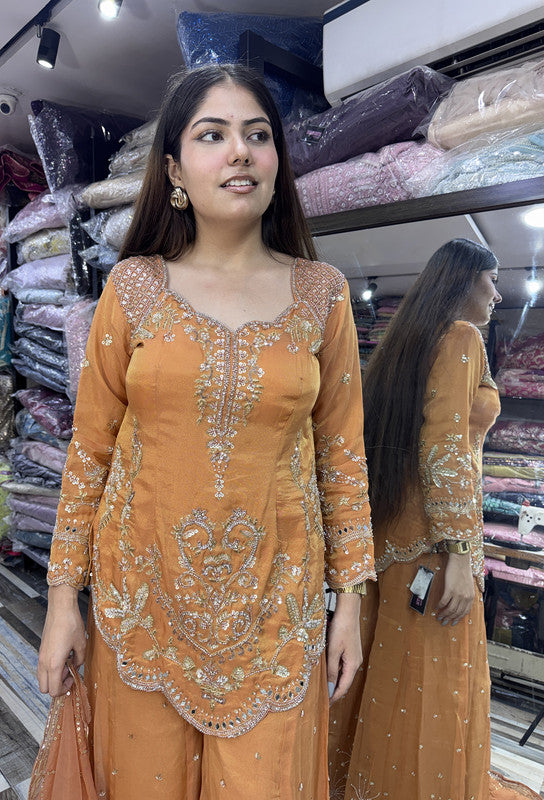 Elegant Hand Work Organza Silk Sharara Suit with Heavy Embroidered Dupatta In Rust