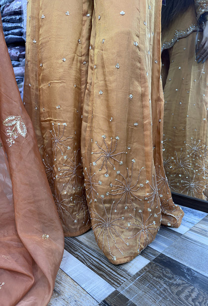 Elegant Hand Work Organza Silk Sharara Suit with Heavy Embroidered Dupatta In Rust
