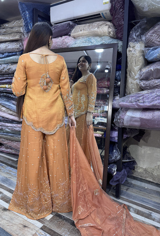 Elegant Hand Work Organza Silk Sharara Suit with Heavy Embroidered Dupatta In Rust