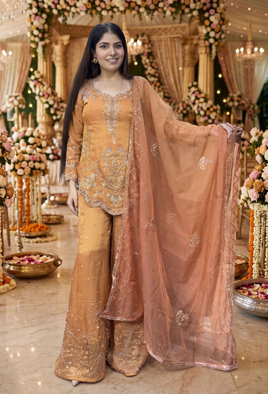 Elegant Hand Work Organza Silk Sharara Suit with Heavy Embroidered Dupatta In Rust