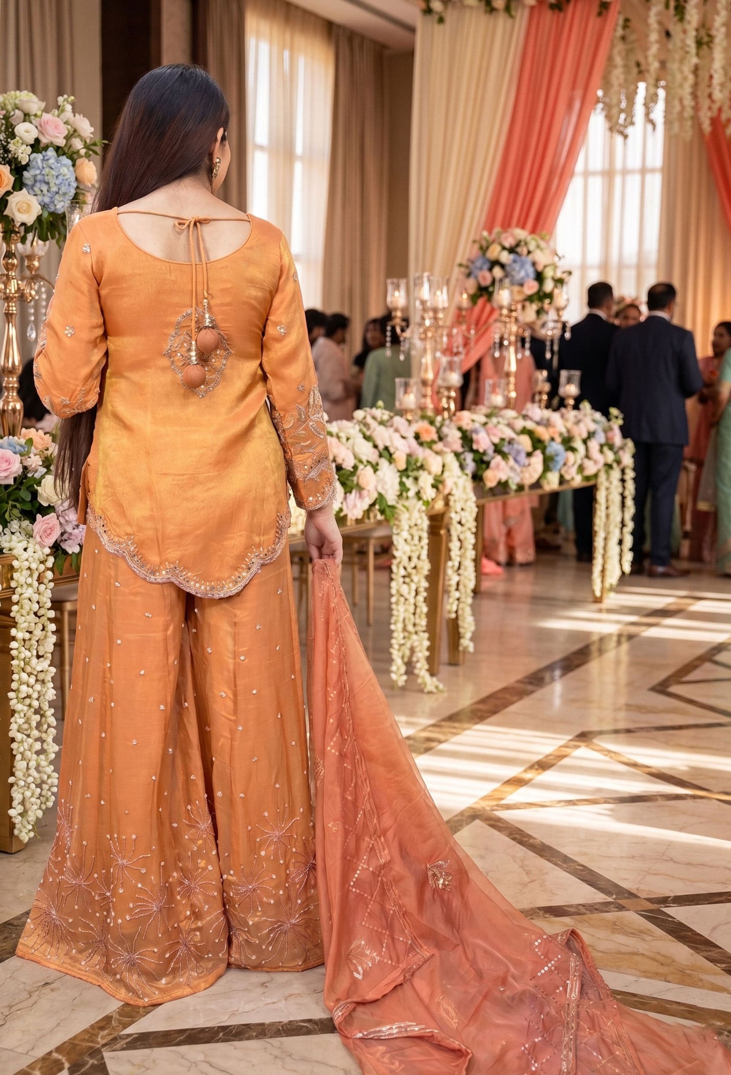 Elegant Hand Work Organza Silk Sharara Suit with Heavy Embroidered Dupatta In Rust