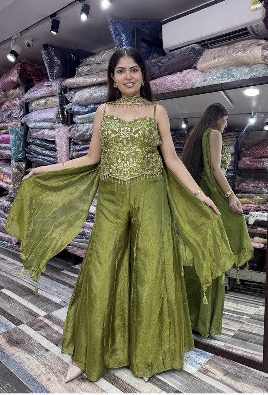 Indo-Western Spaghetti Style Embroidered Corset Top with Sharara & Choker Dupatta