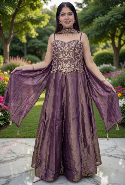 Indo-Western Spaghetti Style Embroidered Corset Top with Sharara & Choker Dupatta