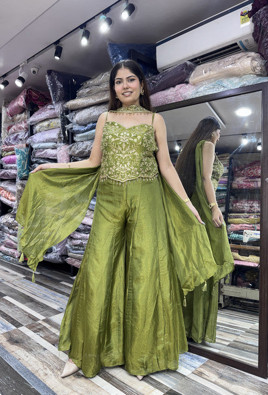 Indo-Western Spaghetti Style Embroidered Corset Top with Sharara & Choker Dupatta