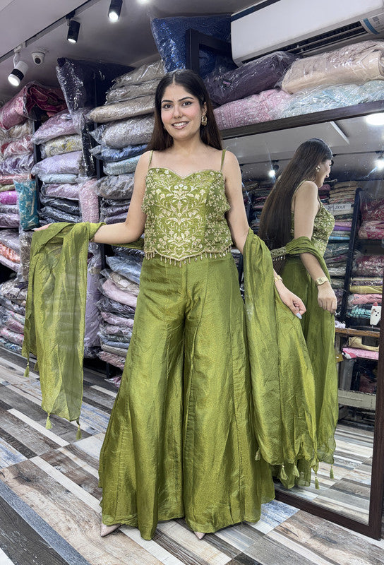 Indo-Western Spaghetti Style Embroidered Corset Top with Sharara & Choker Dupatta