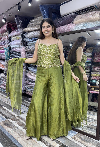 Indo-Western Spaghetti Style Embroidered Corset Top with Sharara & Choker Dupatta