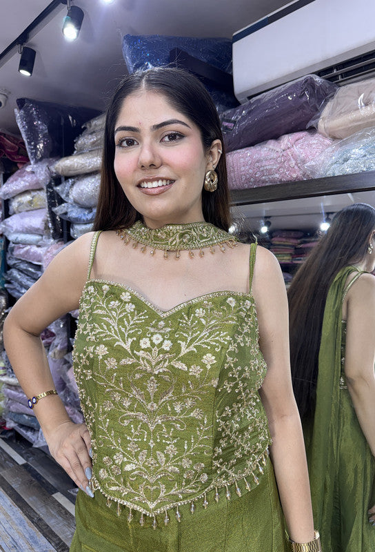 Indo-Western Spaghetti Style Embroidered Corset Top with Sharara & Choker Dupatta