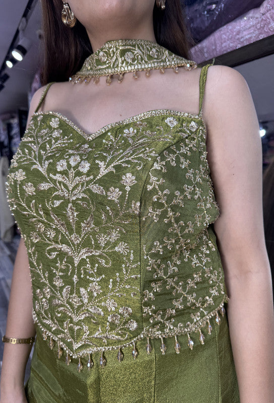 Indo-Western Spaghetti Style Embroidered Corset Top with Sharara & Choker Dupatta