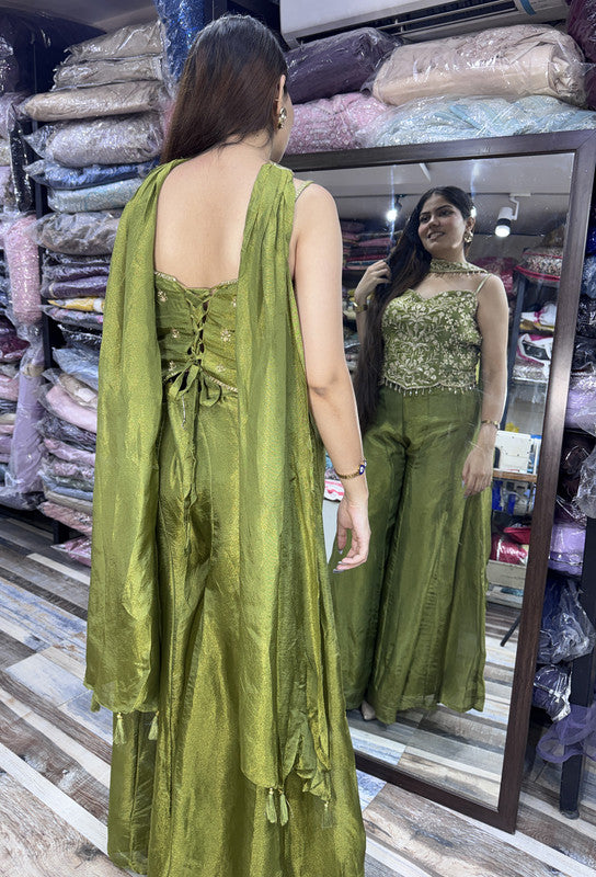 Indo-Western Spaghetti Style Embroidered Corset Top with Sharara & Choker Dupatta