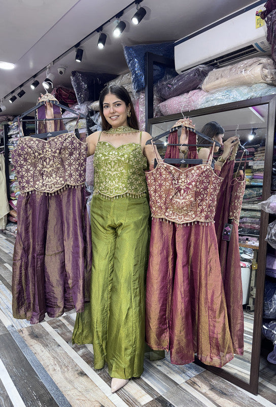 Indo-Western Spaghetti Style Embroidered Corset Top with Sharara & Choker Dupatta