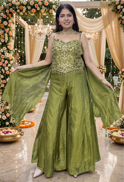 Indo-Western Spaghetti Style Embroidered Corset Top with Sharara & Choker Dupatta