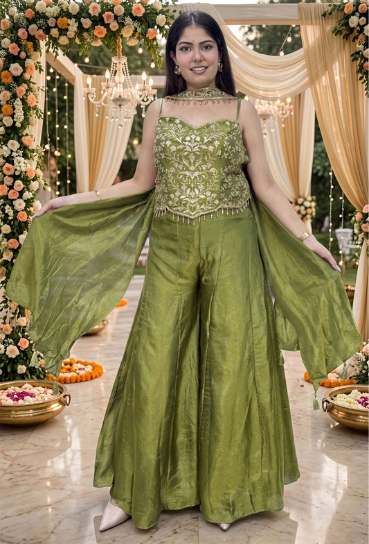 Indo-Western Spaghetti Style Embroidered Corset Top with Sharara & Choker Dupatta