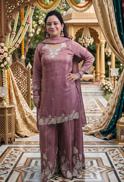 Pure Shimmer Tissue Bead Work Sharara Suit with Silk Dupatta in Mauve