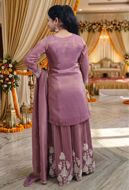 Pure Shimmer Tissue Bead Work Sharara Suit with Silk Dupatta in Mauve