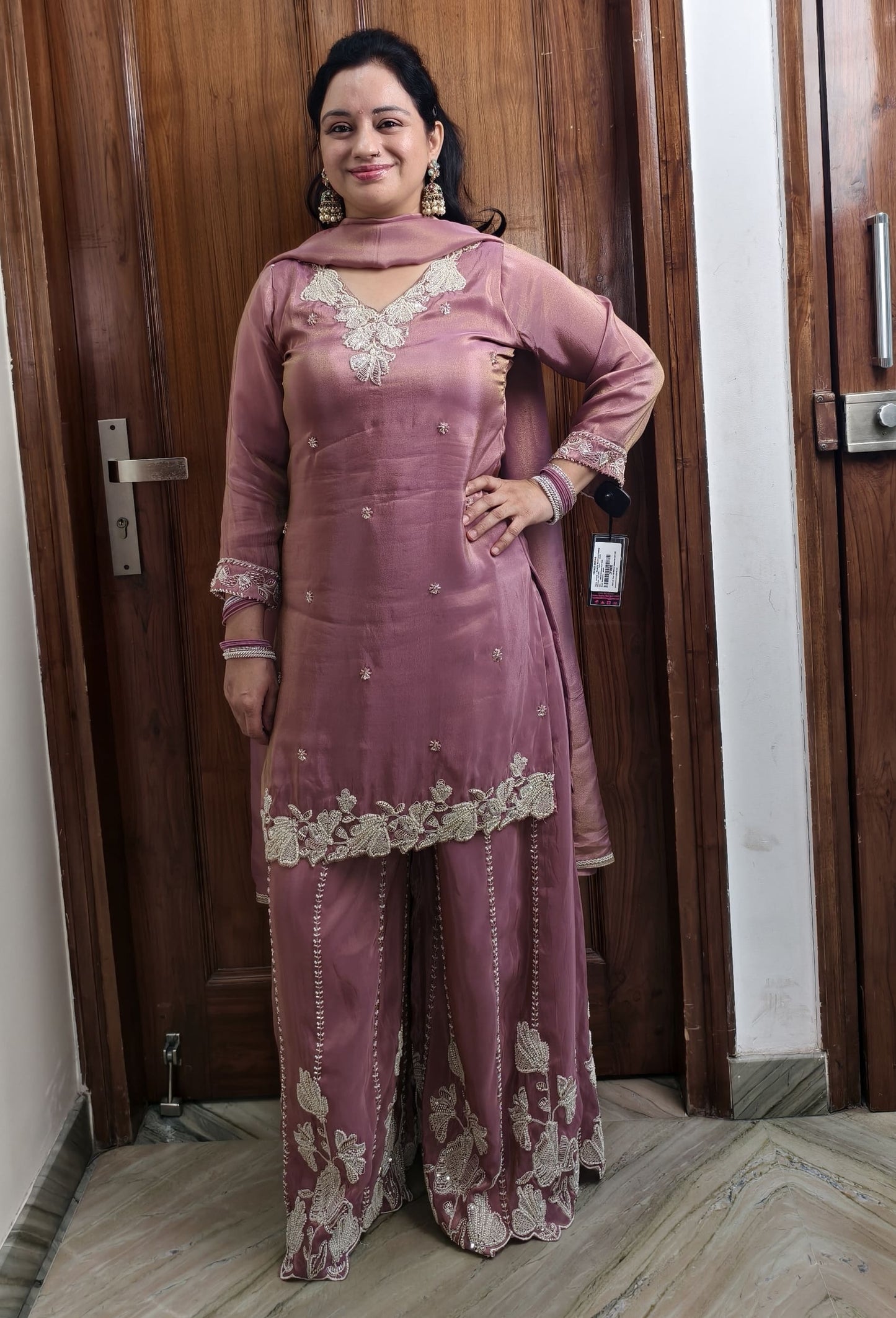 Pure Shimmer Tissue Bead Work Sharara Suit with Silk Dupatta in Mauve