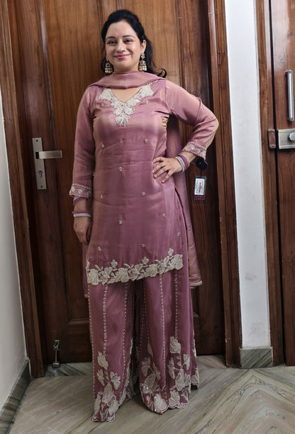 Pure Shimmer Tissue Bead Work Sharara Suit with Silk Dupatta in Mauve