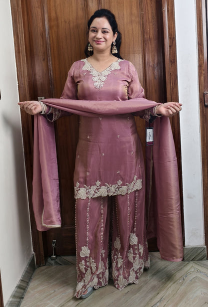 Pure Shimmer Tissue Bead Work Sharara Suit with Silk Dupatta in Mauve