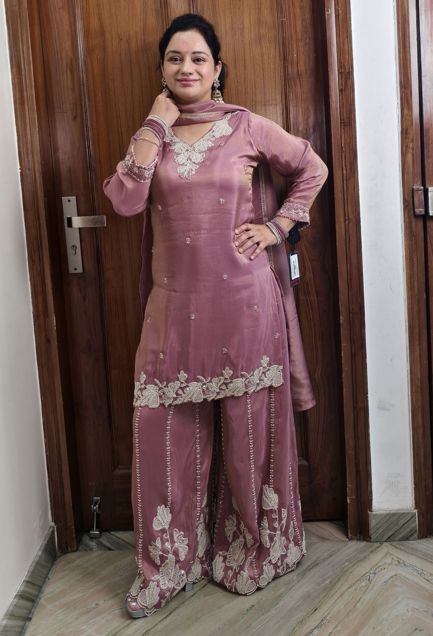 Pure Shimmer Tissue Bead Work Sharara Suit with Silk Dupatta in Mauve