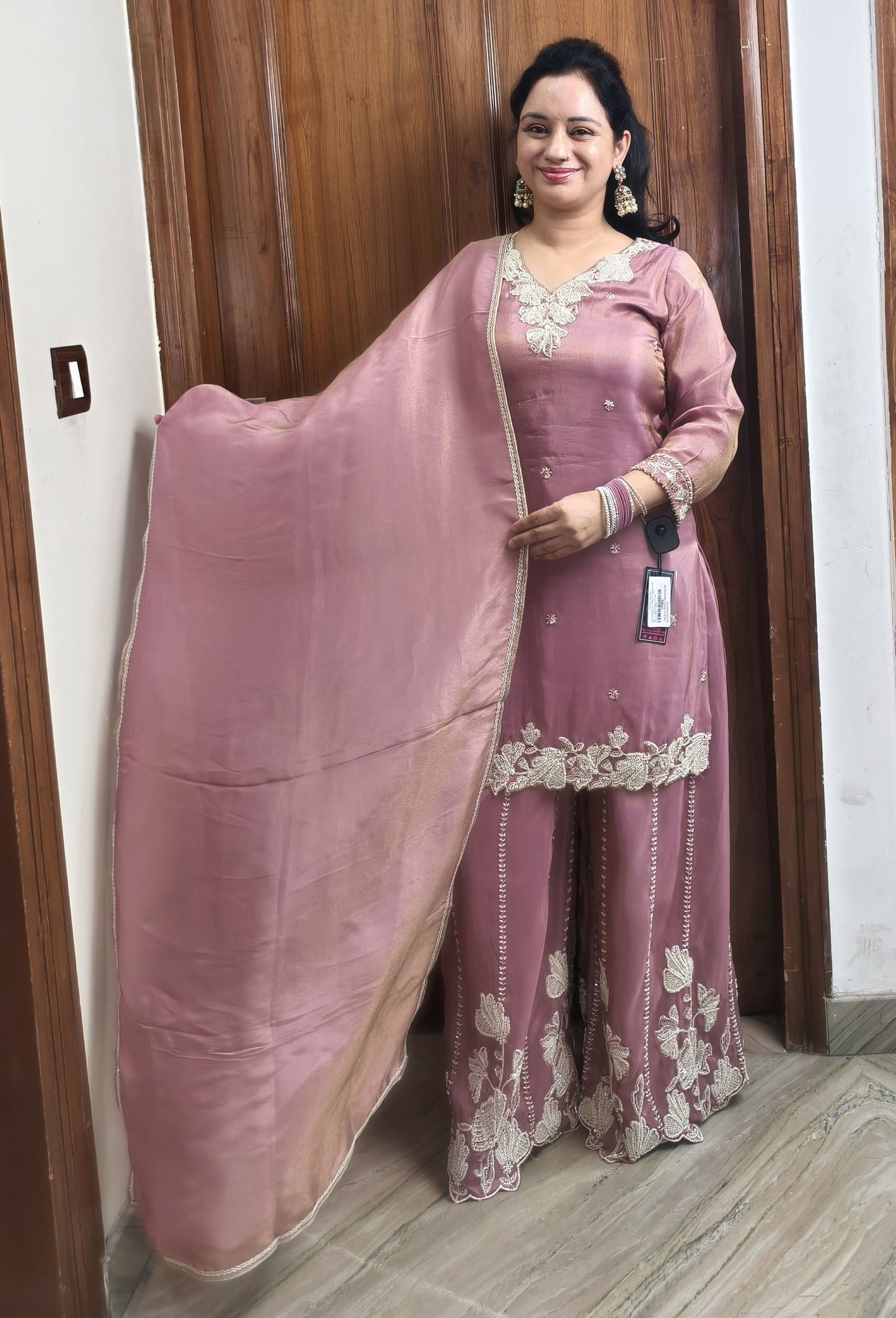 Pure Shimmer Tissue Bead Work Sharara Suit with Silk Dupatta in Mauve
