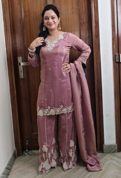 Pure Shimmer Tissue Bead Work Sharara Suit with Silk Dupatta in Mauve