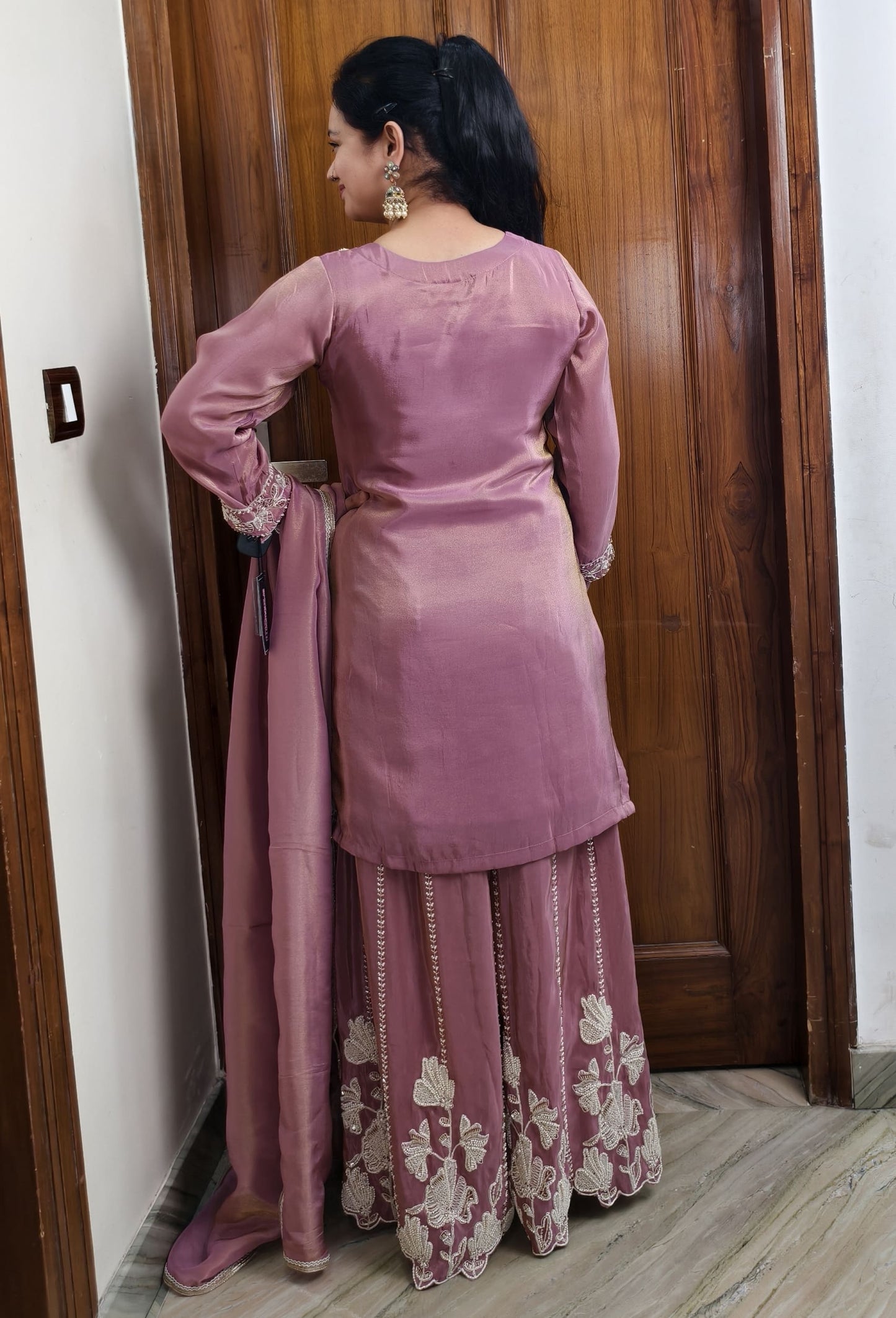 Pure Shimmer Tissue Bead Work Sharara Suit with Silk Dupatta in Mauve
