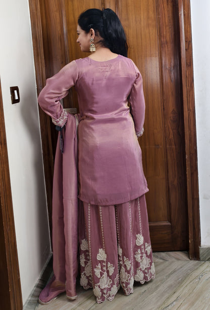 Pure Shimmer Tissue Bead Work Sharara Suit with Silk Dupatta in Mauve
