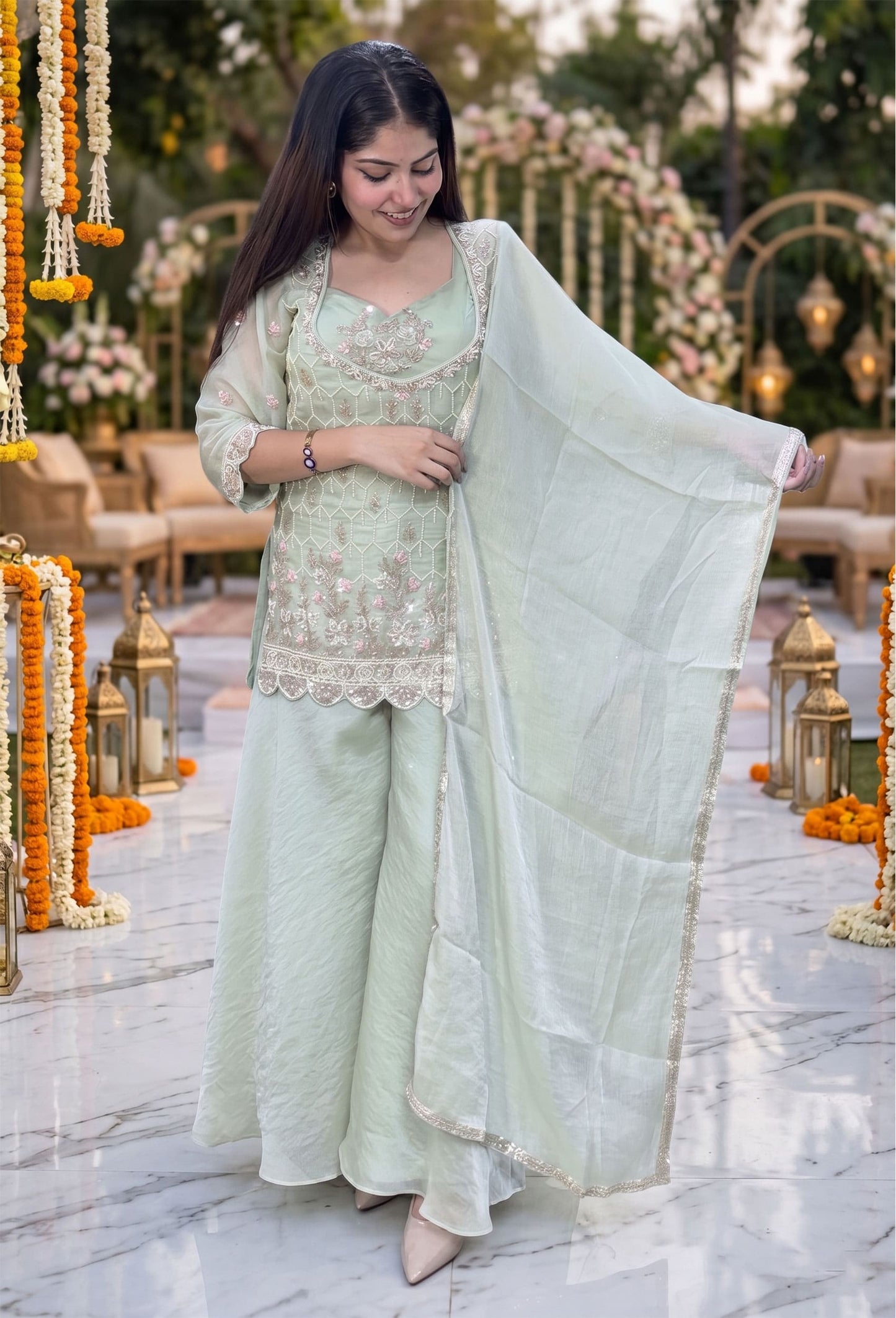 Beautiful Bead work Multi Embroidery Cord Set with Plazo in Aqua Green