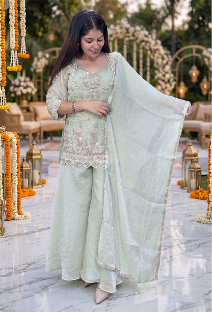 Beautiful Bead work Multi Embroidery Cord Set with Plazo in Aqua Green