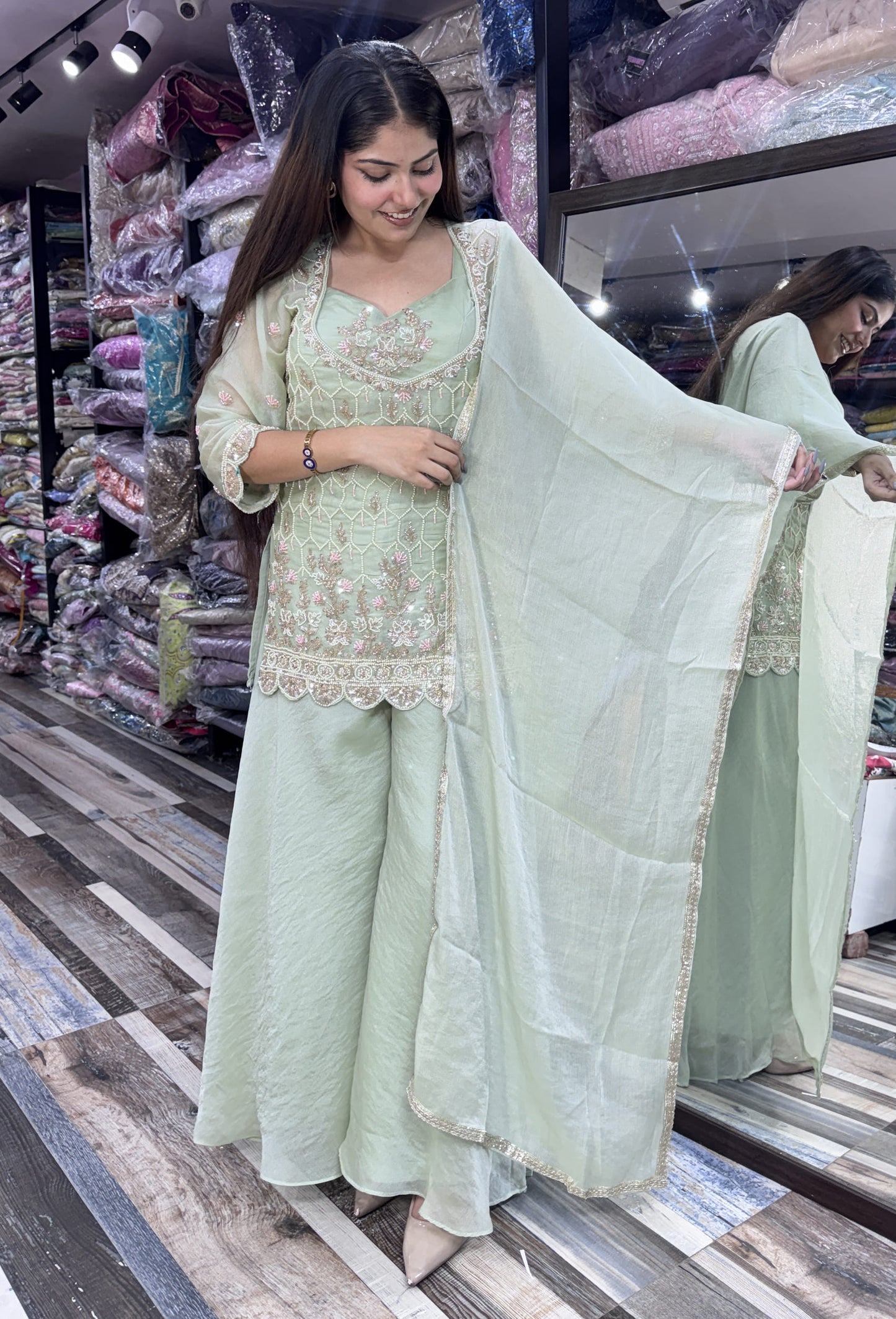Beautiful Bead work Multi Embroidery Cord Set with Plazo in Aqua Green