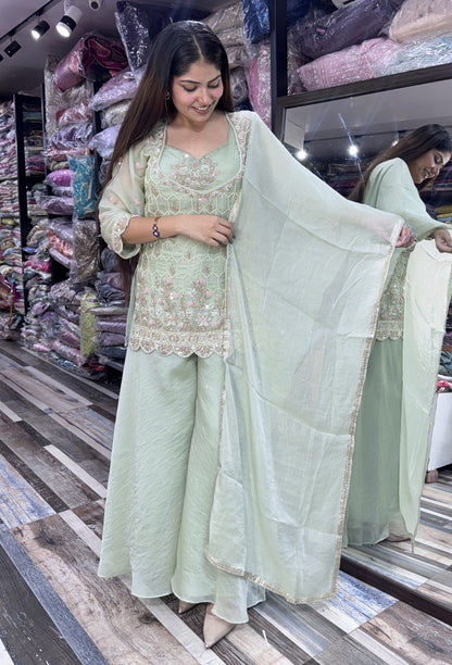 Beautiful Bead work Multi Embroidery Cord Set with Plazo in Aqua Green
