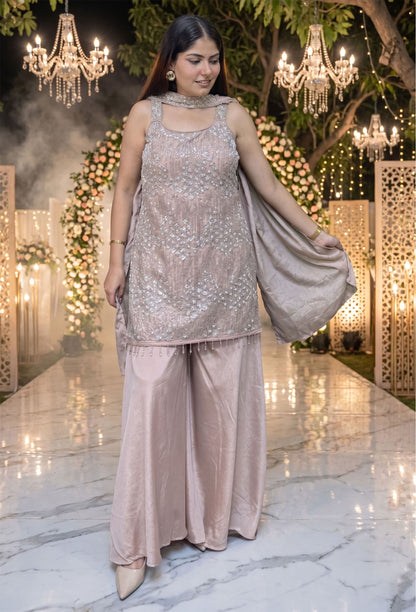 Elegant Beads Hand Work Spaghetti Style Sharara Suit with Choker Dupatta