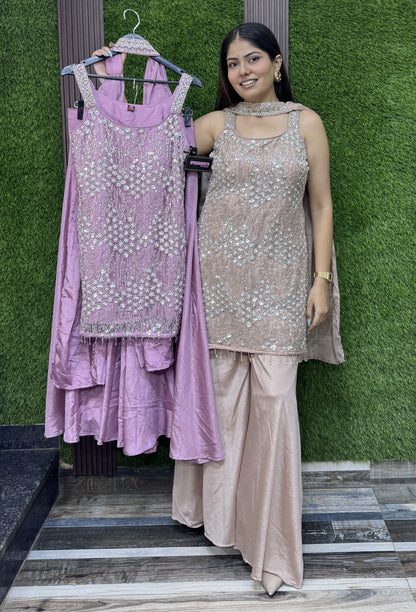 Elegant Beads Hand Work Spaghetti Style Sharara Suit with Choker Dupatta