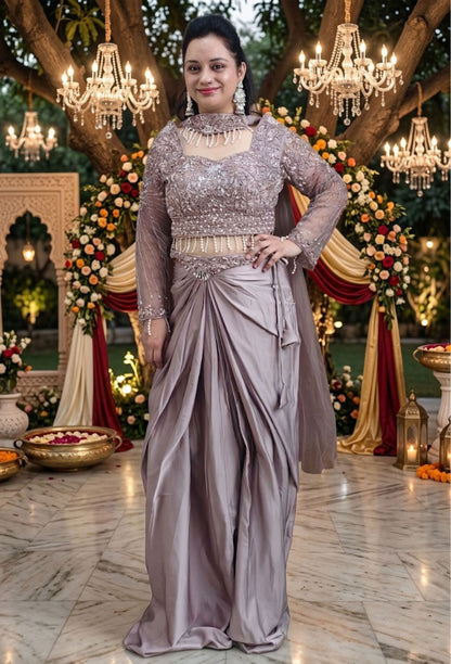 Beautifull Indo-Western Tulip Skirt with Crop Top and Choker Dupatta in Champagne