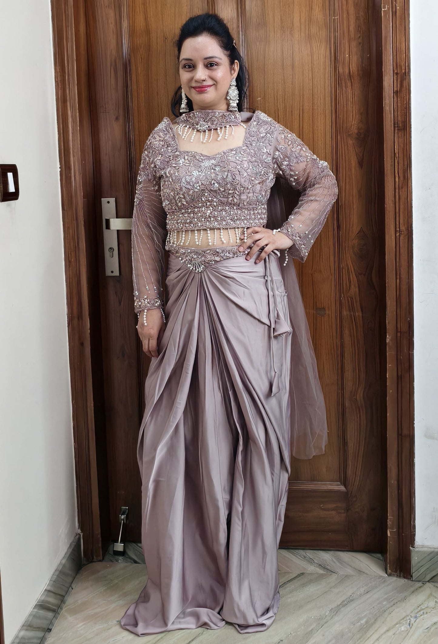 Beautifull Indo-Western Tulip Skirt with Crop Top and Choker Dupatta in Champagne