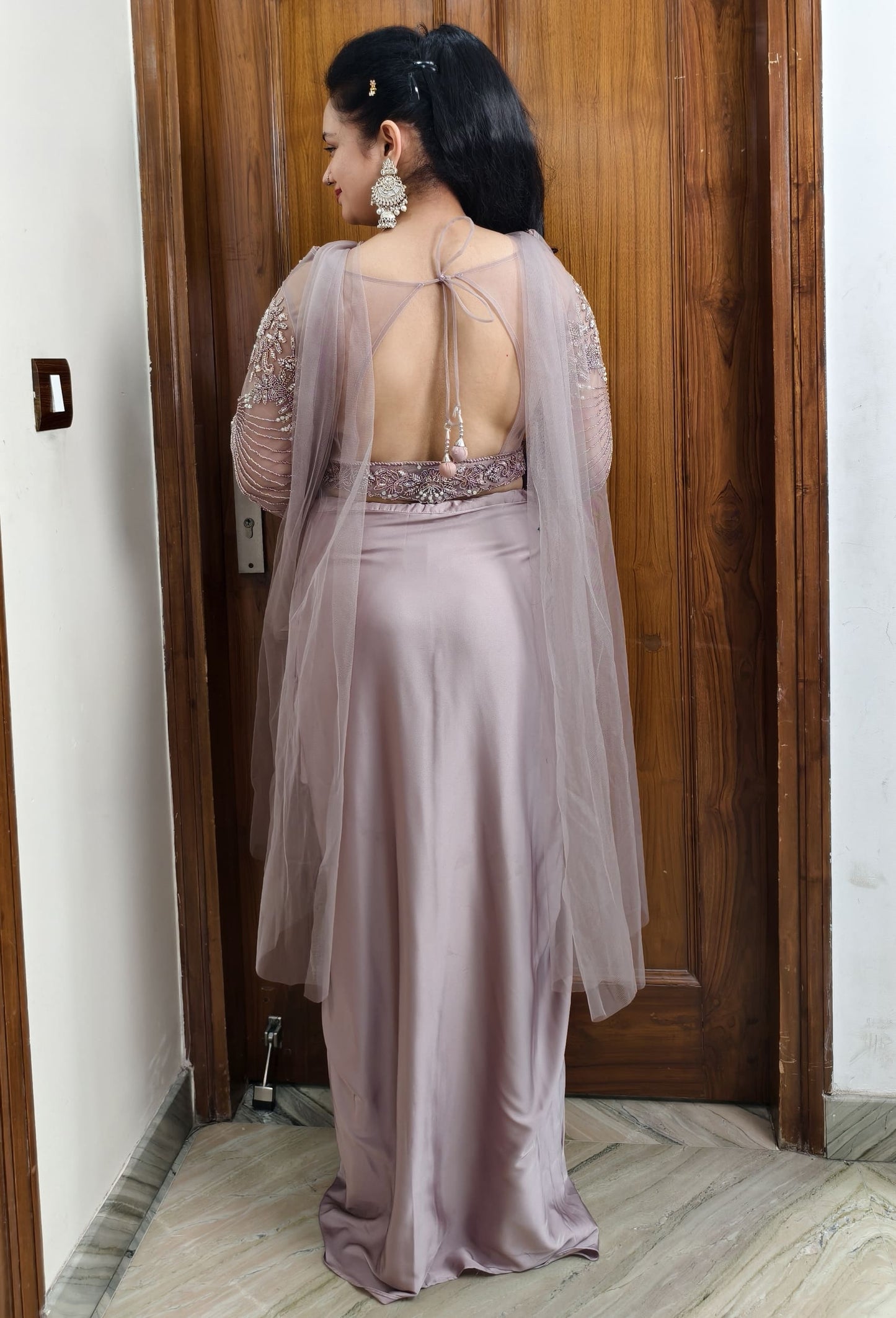 Beautifull Indo-Western Tulip Skirt with Crop Top and Choker Dupatta in Champagne
