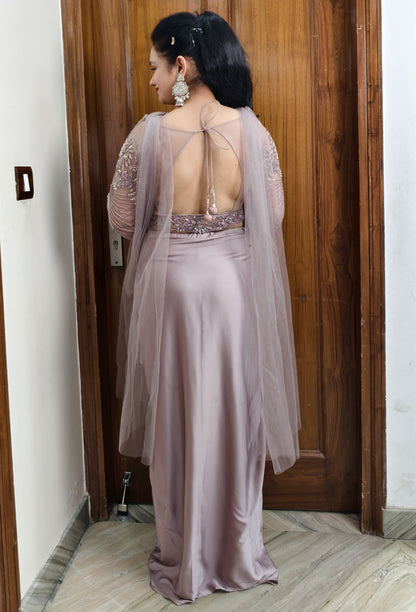 Beautifull Indo-Western Tulip Skirt with Crop Top and Choker Dupatta in Champagne