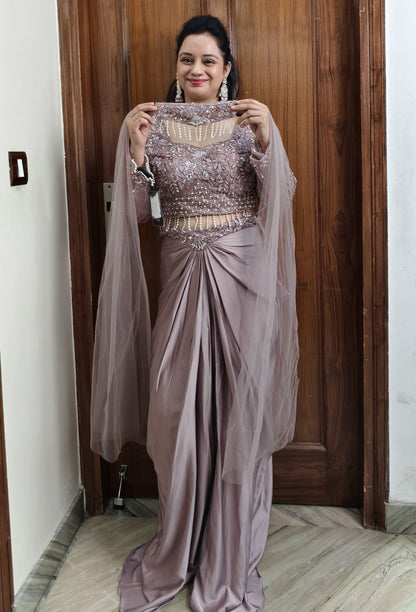 Beautifull Indo-Western Tulip Skirt with Crop Top and Choker Dupatta in Champagne