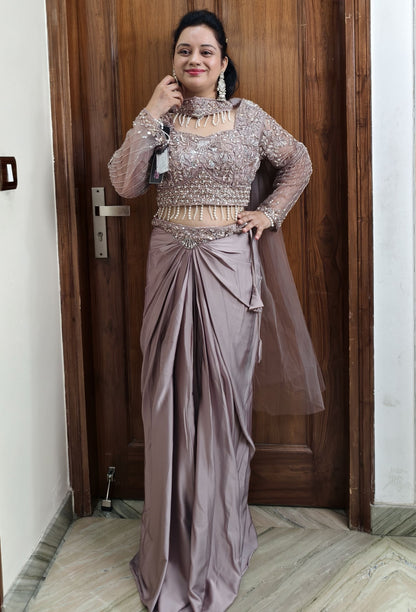 Beautifull Indo-Western Tulip Skirt with Crop Top and Choker Dupatta in Champagne