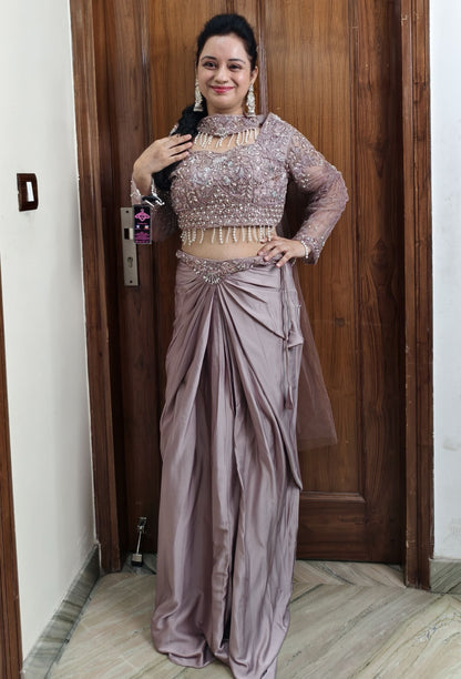 Beautifull Indo-Western Tulip Skirt with Crop Top and Choker Dupatta in Champagne
