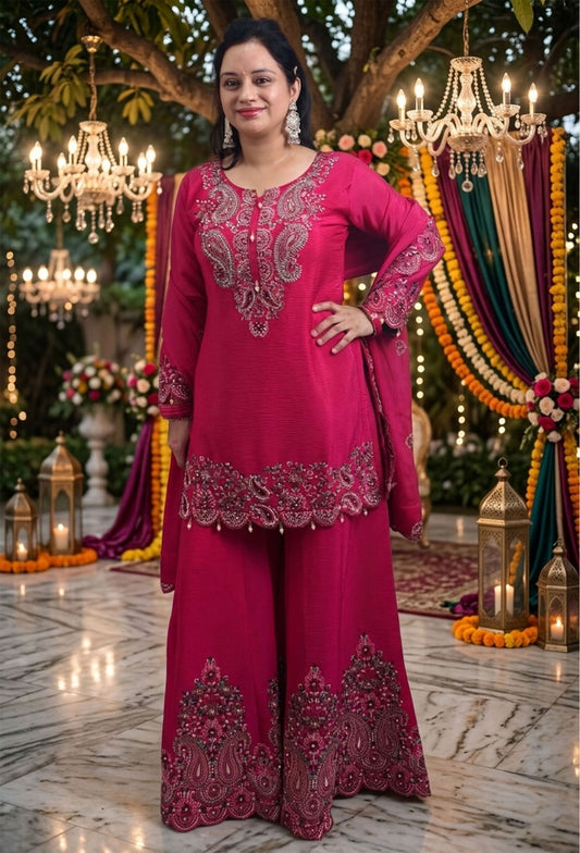 Pure Chinnon Silk Thread Embroidered Sharara Suit with Dupatta in Hot Pink