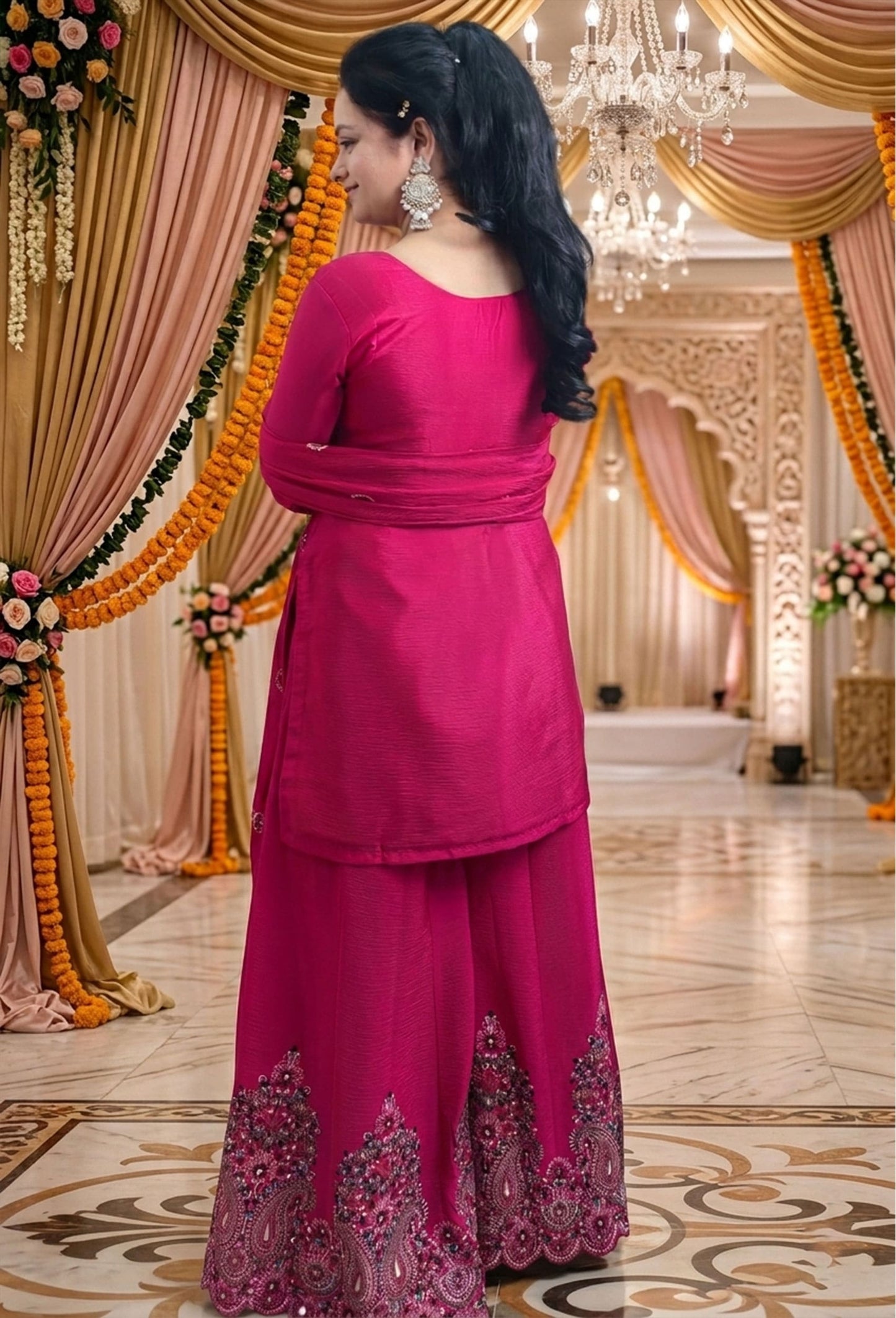 Pure Chinnon Silk Thread Embroidered Sharara Suit with Dupatta in Hot Pink